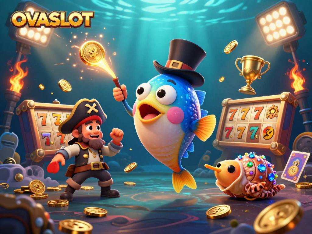 Engage with OVASLOT's vibrant slot game scene featuring an anglerfish and dynamic elements.
