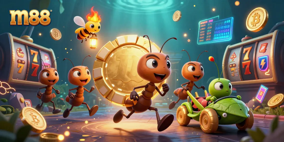 m88 ants carry a giant poker chip in a vibrant casino heist scene with slot elements