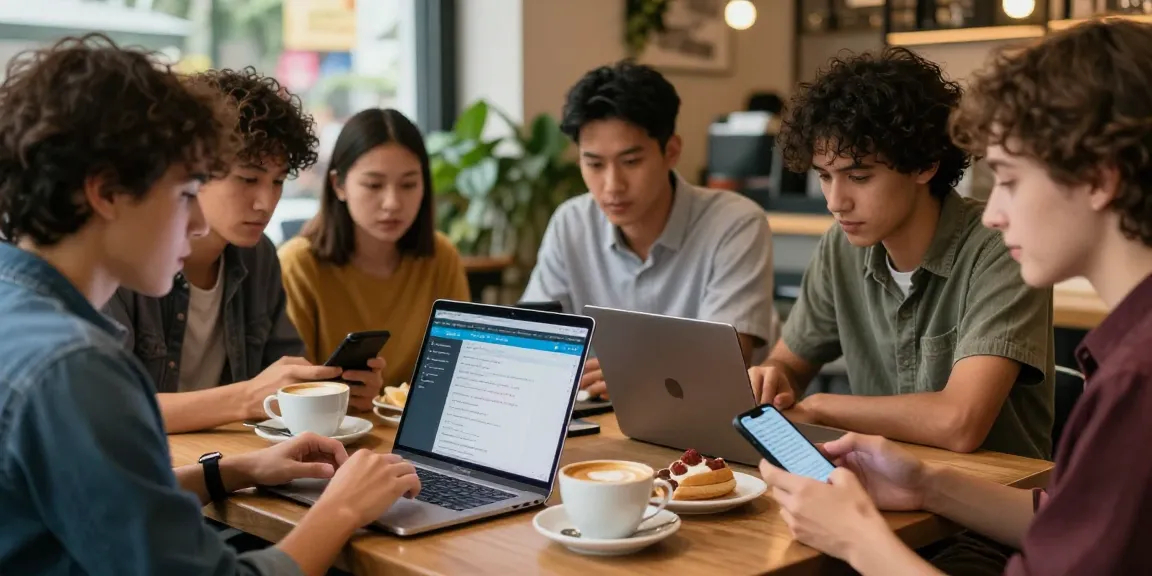 Young adults discussing Telegram中文版 in a lively café setting with laptops and smartphones.
