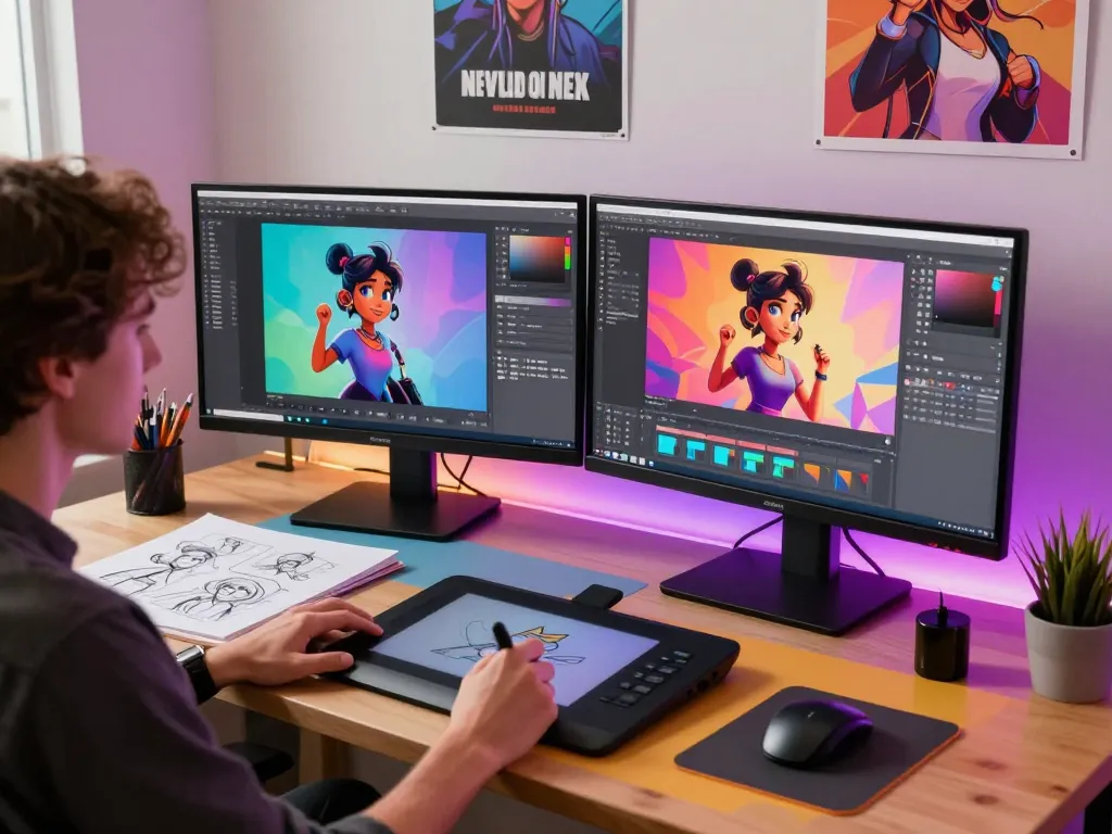 NSFW character design workspace with vibrant monitors and colorful decor.