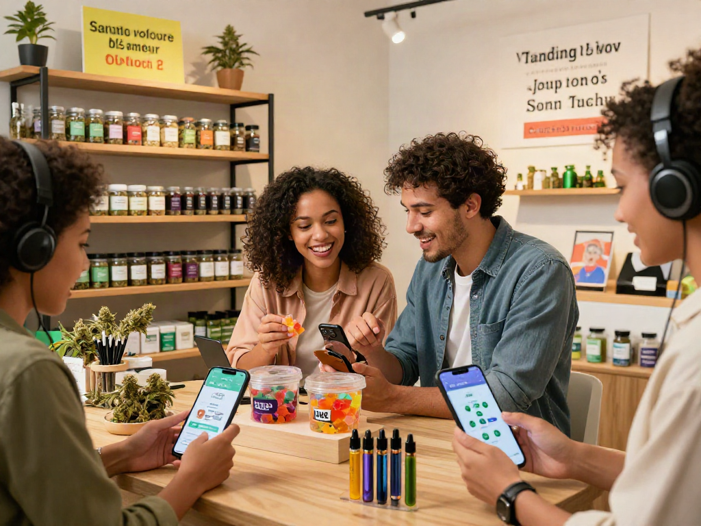 Buy weed online in a vibrant cannabis e-commerce store showcasing diverse products and happy customers.