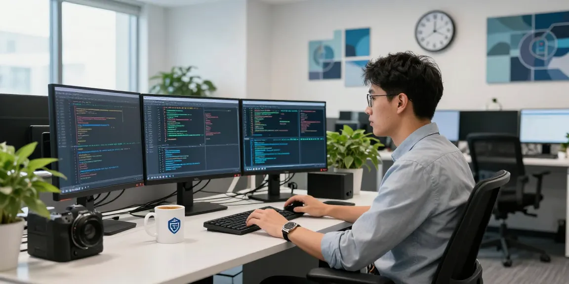 Monitoring security protocols at https://shs-dome5.com/ with IT professional in modern office.