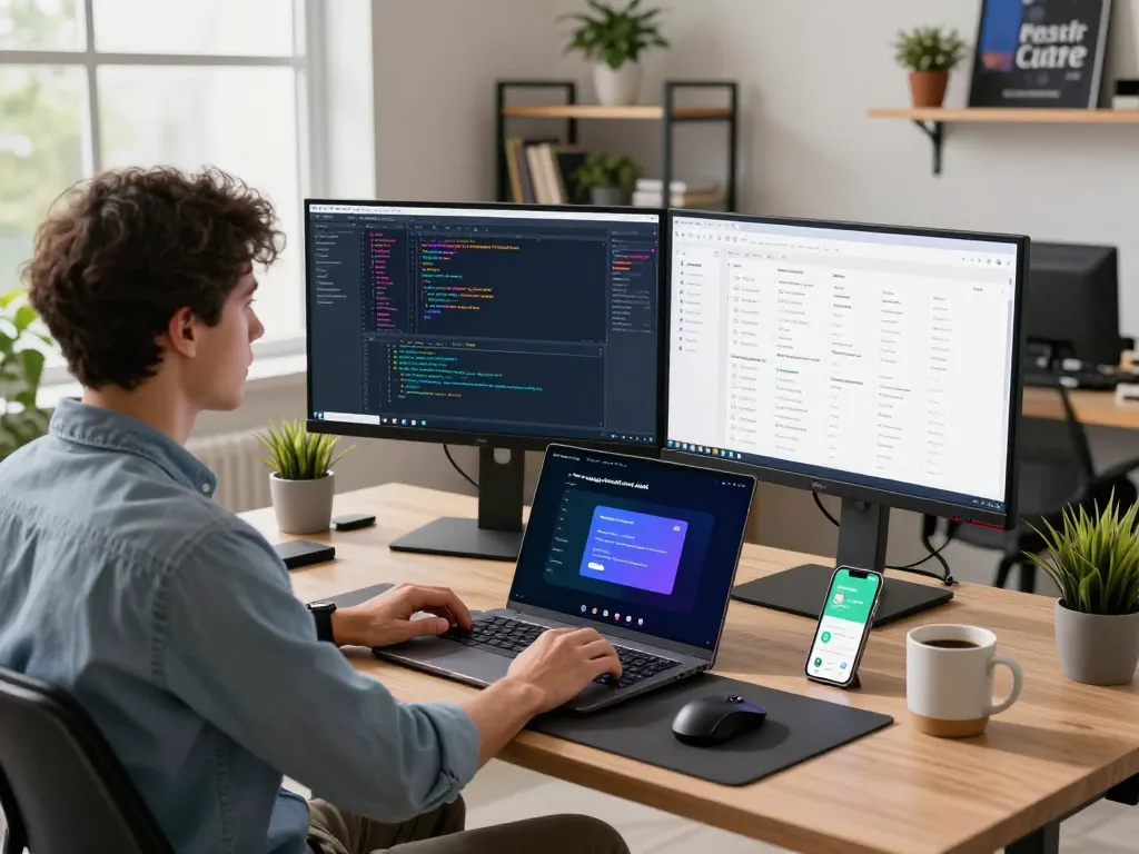 Software developer utilizing OpenClaw in a modern workspace with dual monitors