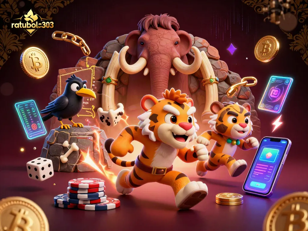 Menangkan permainan di ratubola303 dengan ilustrasi kasino prasejarah yang menarik dan energik.