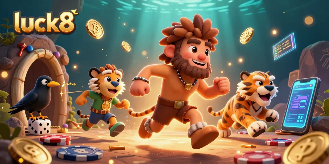 Engage with luck8's prehistoric casino featuring a caveman, sabertooth tiger, and crow in a vibrant 3D scene.