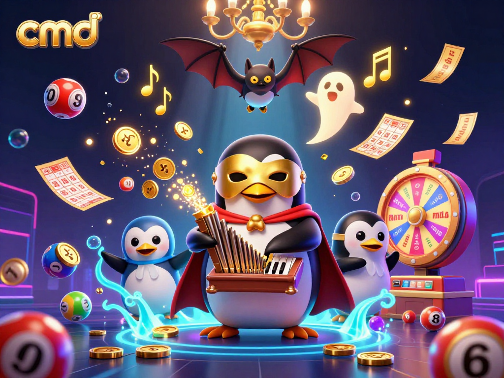 cmd embodies thrilling lottery excitement with a dynamic penguin, lottery balls, and golden tickets.