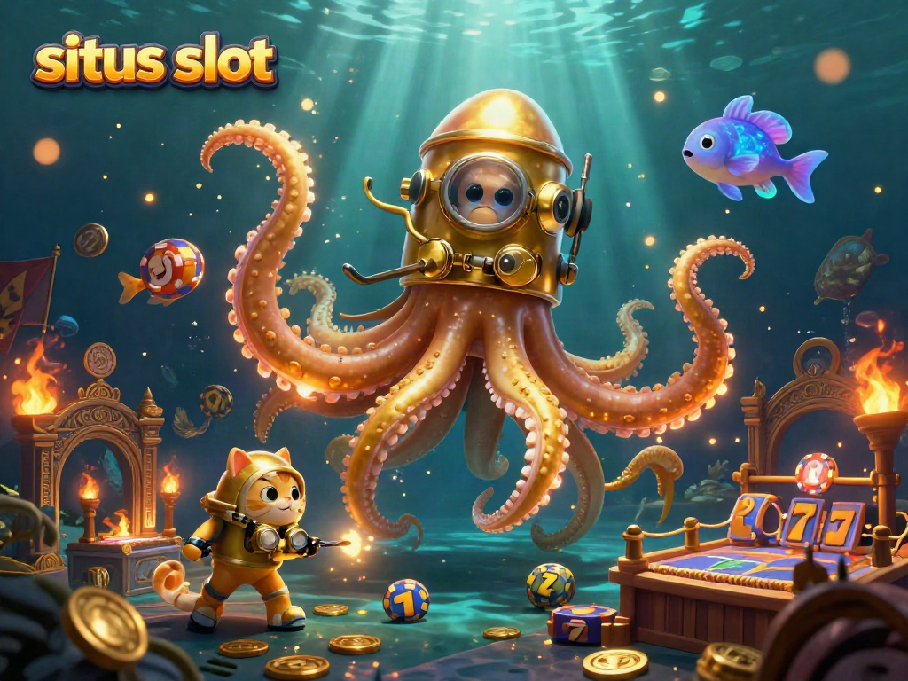 Spin the reels in a vibrant situs slot scene featuring a colossal kraken, diving cat, and treasure-filled elements.