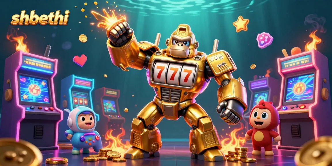 Engage with shbethi’s dynamic gaming experience through 3D illustration showcasing a golden gorilla mech.