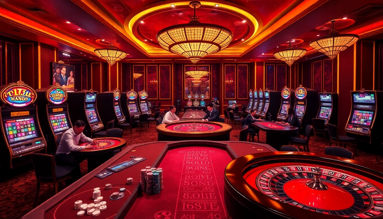 Exciting casino atmosphere with players enjoying games at trang chủ mg188, vibrant tables, and colorful slot machines.
