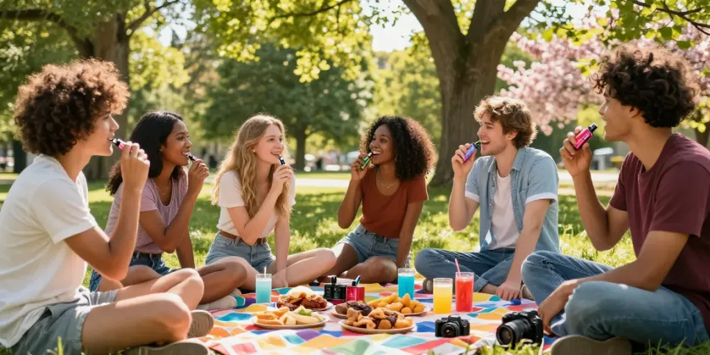 A group of friends enjoying Hitz infinity Gen 7 disposable vapes in a sunny park.