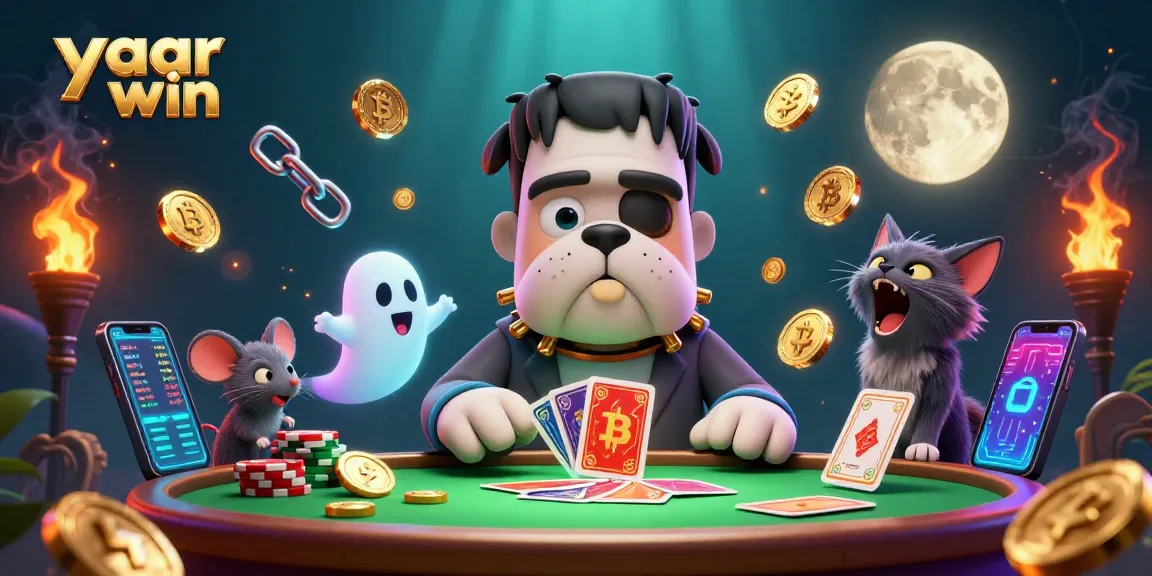 Engage with yaar win at a vibrant casino scene featuring fun characters and crypto elements.