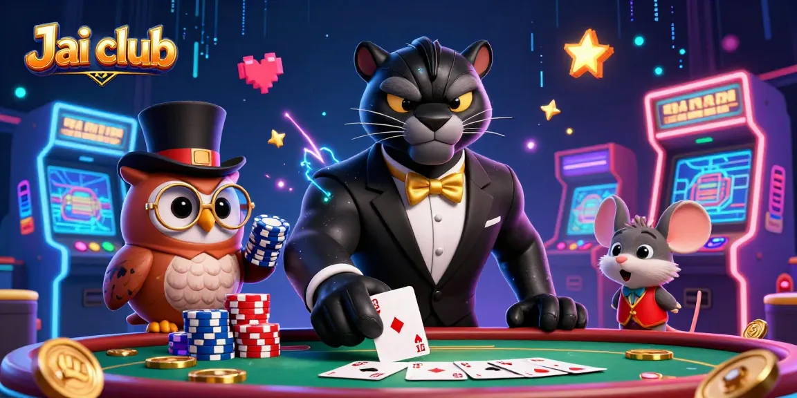 Play poker and win at Jai club with lively cartoon characters, chips, and game machines.