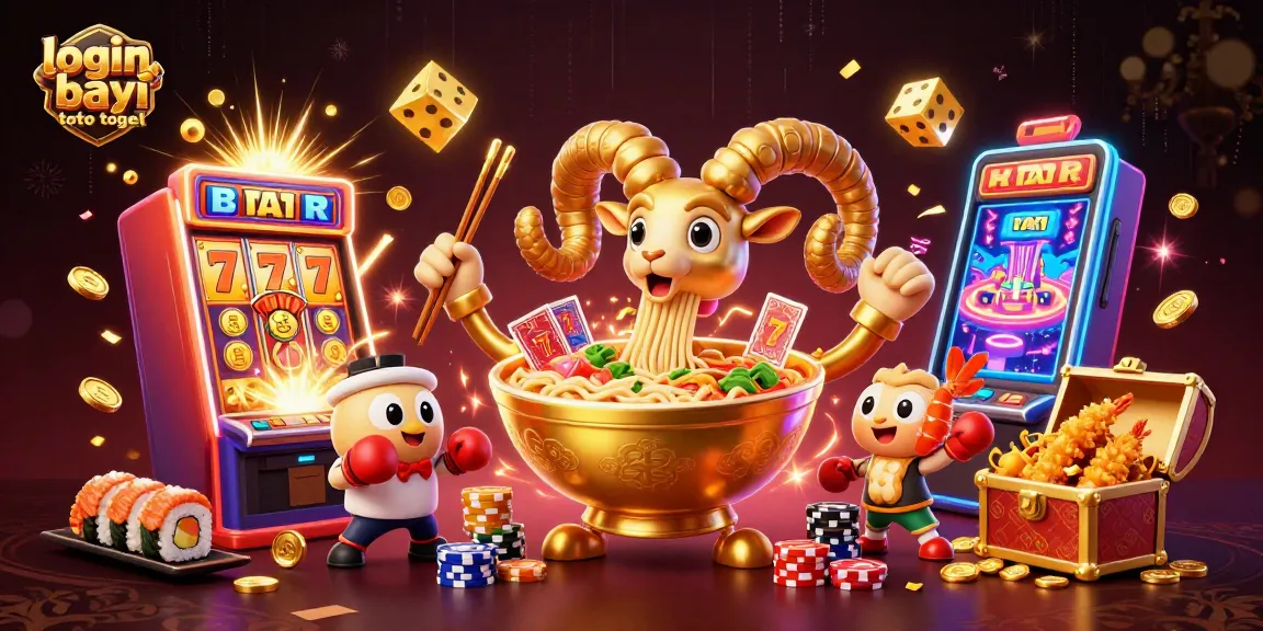 Immerse in excitement with login bayi toto togel as the giant ramen bowl interacts in a vibrant casino scene packed with slot machines, coins, and dynamic characters.