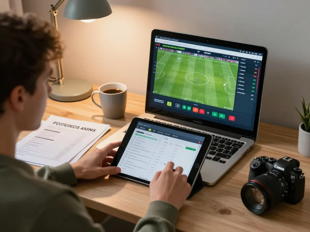 BJ88 player placing bets on a tablet in a cozy home office environment, showcasing online sports betting.