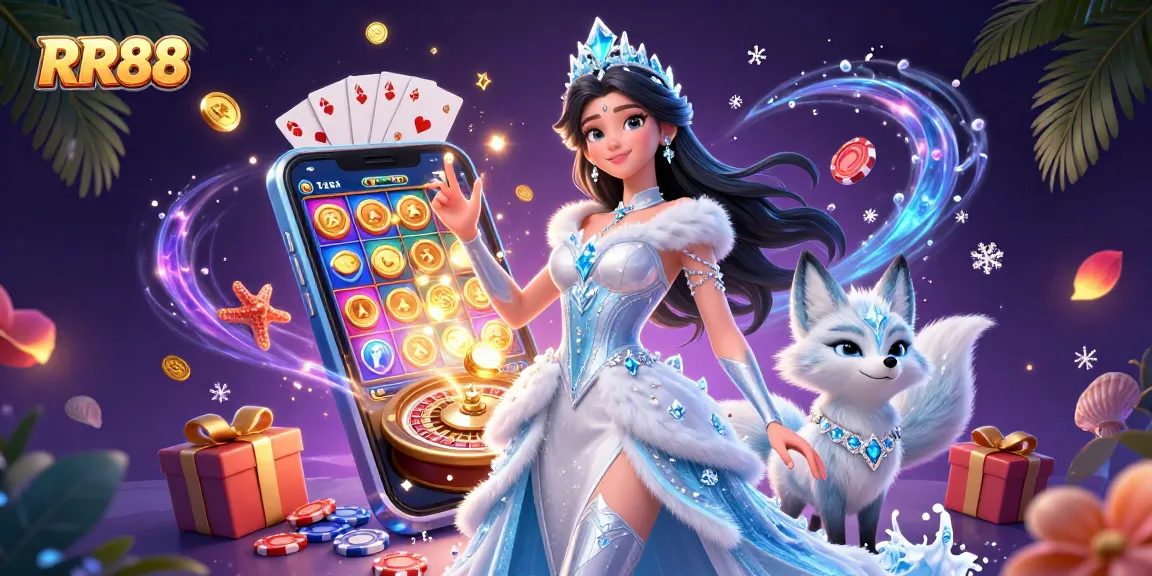 Experience thrilling wins at RR88 with vibrant slot reels, golden coins, and exciting gaming action.