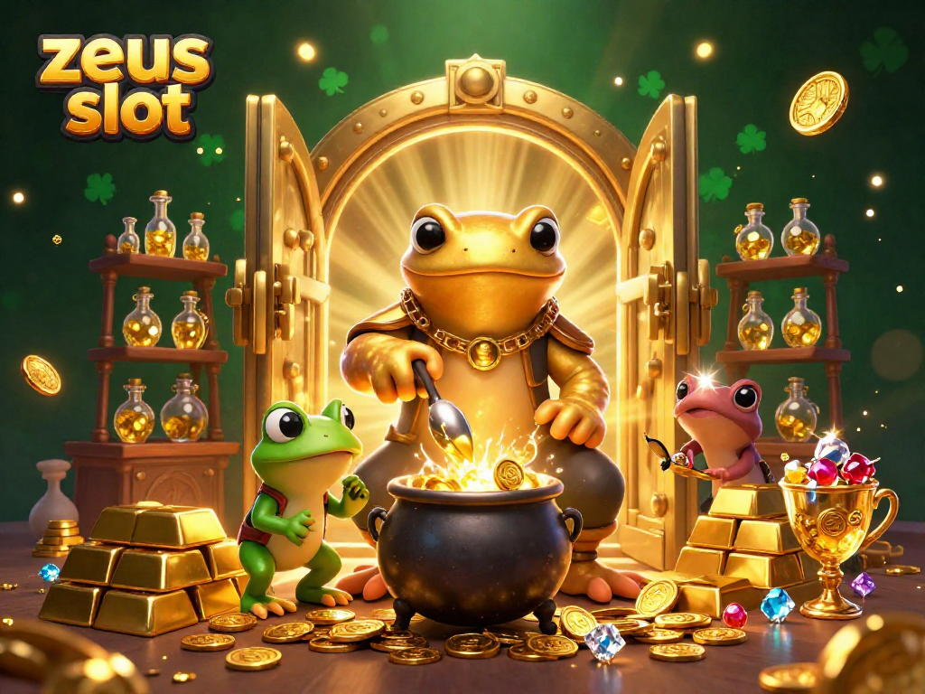 Experience zeus slot excitement with a vibrant 3D cartoon scene showcasing gold coins, characters, and dynamic gaming elements.