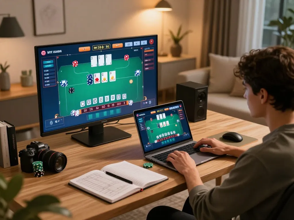 Engaged player strategically betting at online blackjack platform xx88 ac in a stylish home office