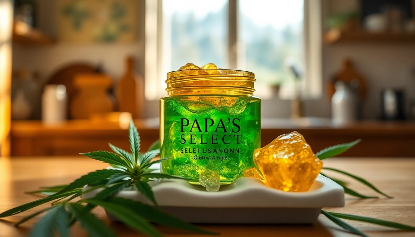 Showcasing papa's select rosin in a close-up with cannabis leaves and hash crystals to emphasize quality.