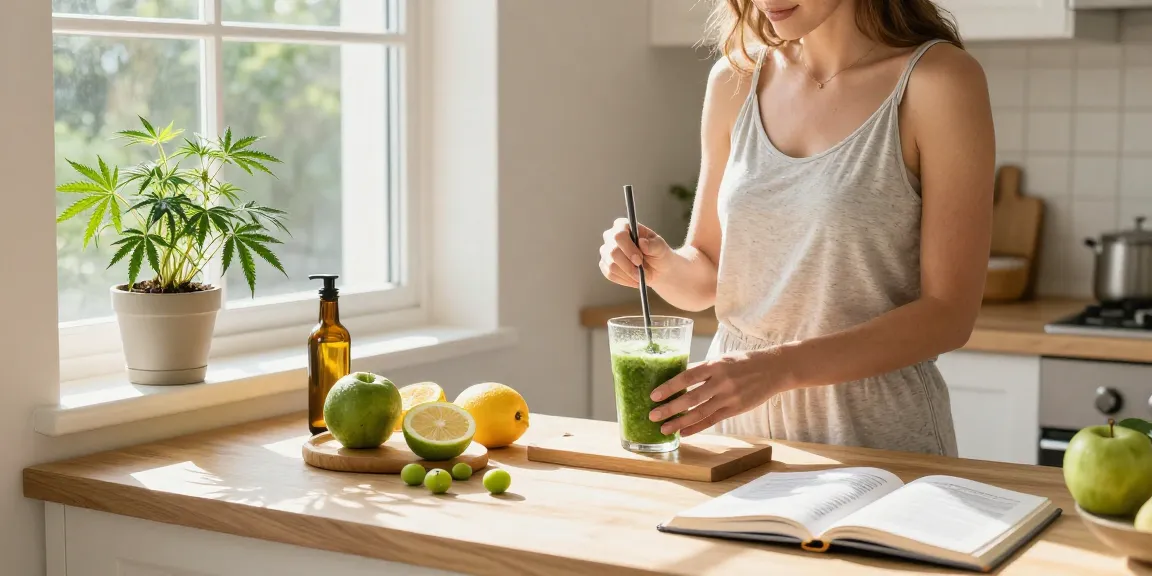 Graines Ministry of Cannabis featured in a natural wellness routine with hemp extract smoothie and CBD oil.