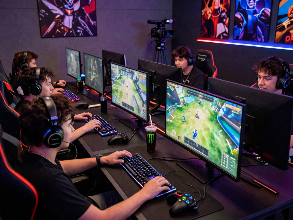 Exciting rokok88 gaming scene with players in action, high-tech gear, and vibrant atmosphere.