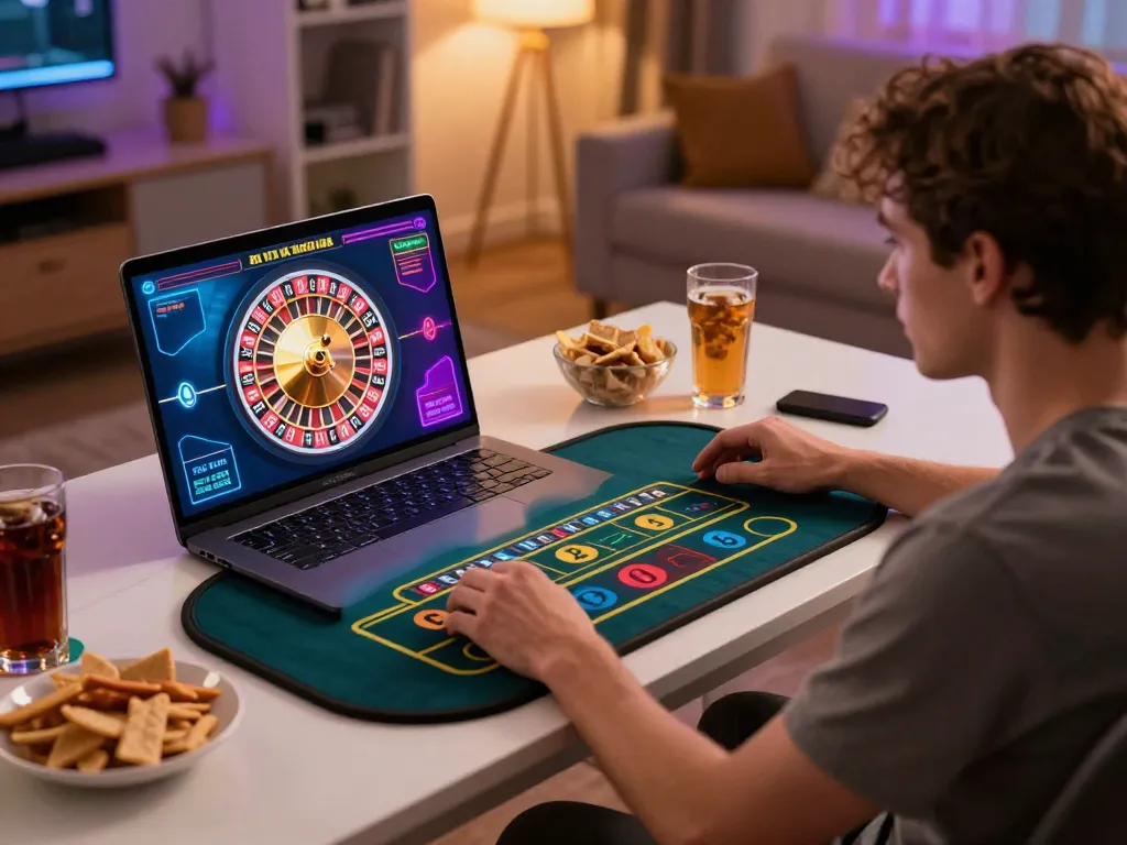 Engaging with a live dealer roulette game at https://rikvip75.com/ on a cozy home desk for a thrilling online gambling experience.