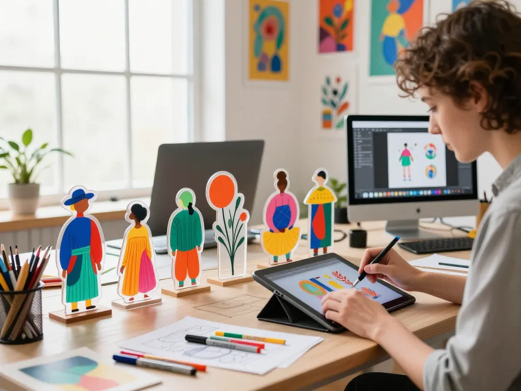 Custom acrylic standees displayed in a bright creative workspace with an artist designing on a tablet amidst colorful artwork.