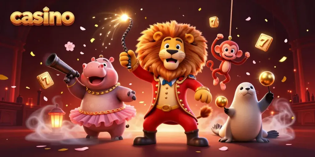 Experience vibrant casino excitement with a dynamic scene featuring animated circus characters and engaging slot elements.