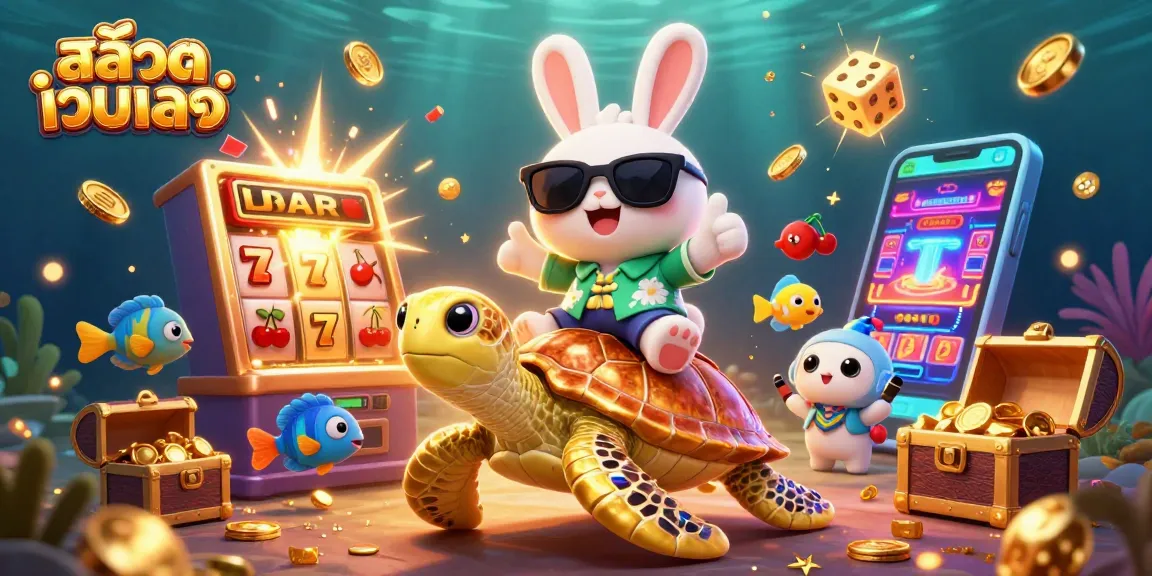 Engage with สล็อตเว็บตรง in a vibrant 3D scene featuring a lucky rabbit and golden sea turtle.