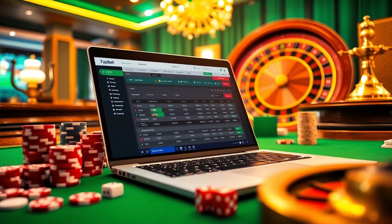 Experience thrilling online betting with 7upbet's interactive interface amid luxurious casino elements.