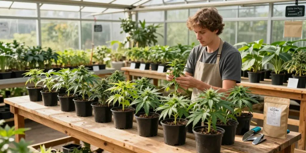 Explore CBD seed varieties in a vibrant greenhouse with a grower inspecting cannabis seedlings.