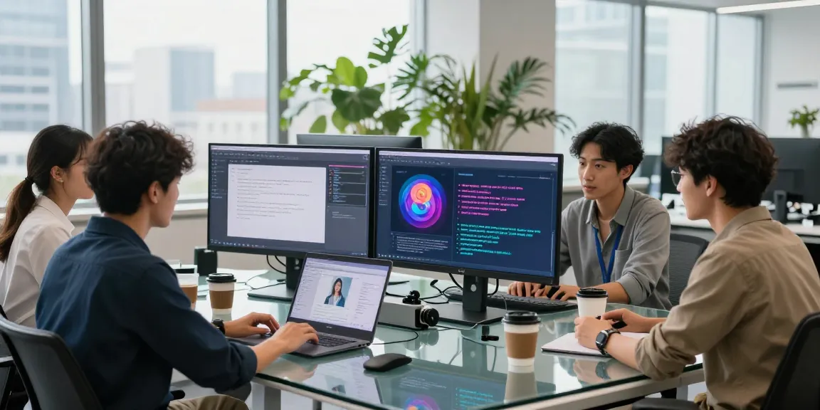 Image to prompt generation team collaborating in a bright tech office with screens and natural light.