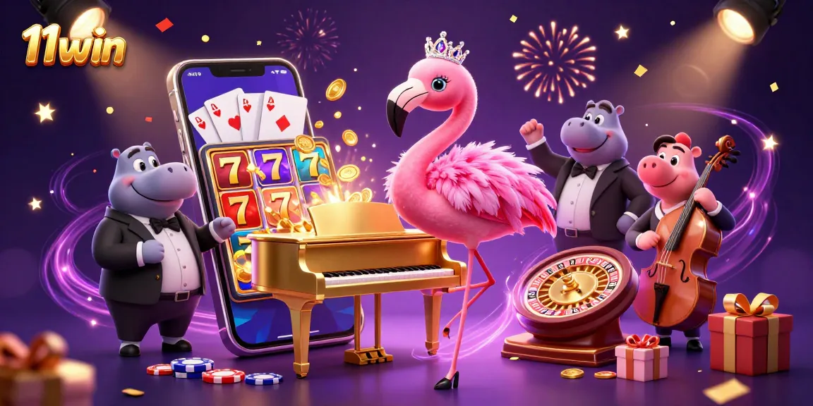 Experience the vibrant excitement of 11win with a festive casino scene featuring dynamic characters and gaming elements.