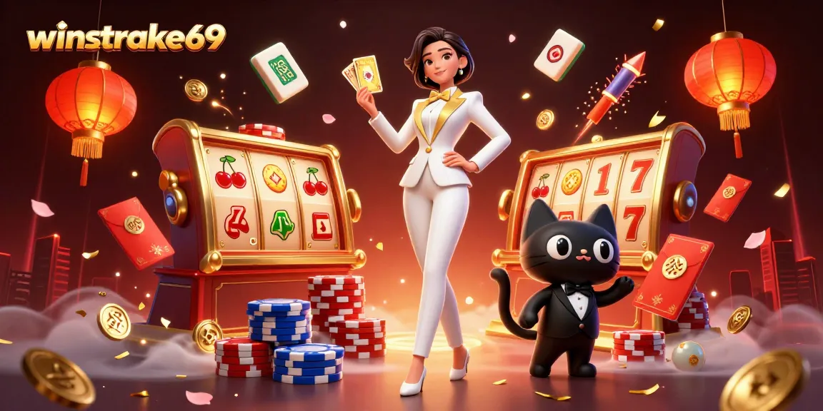 Engage with winstrike69 in this vibrant casino scene with slot reels and golden card shuffling.