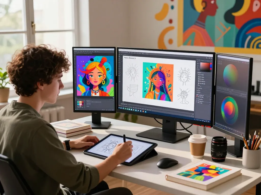 Artist creating engaging digital art with Nano Banana 2 AI image editor in a vibrant workspace.