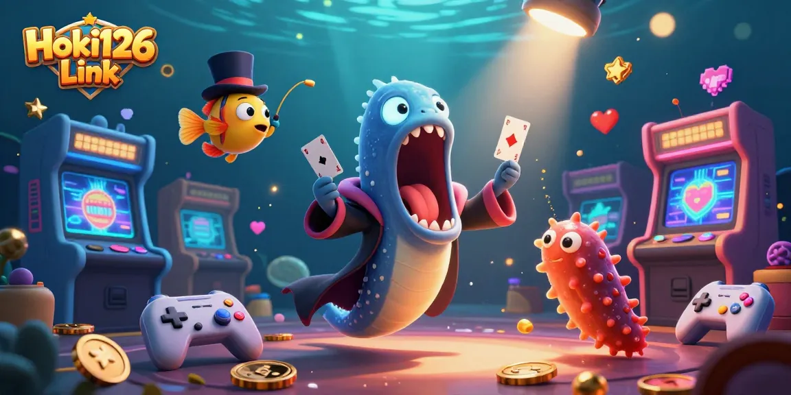 Engage in arcade excitement at Hoki126 Link with animated gaming characters and casino elements.