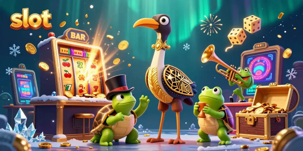 Spanduk slot menarik dengan mesin slot, simbol keberuntungan, dan karakter lucu di kasino