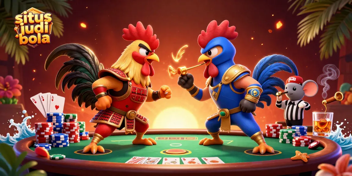 Situs judi bola showcases a vibrant illustration of fighting roosters emphasizing strategic betting action.