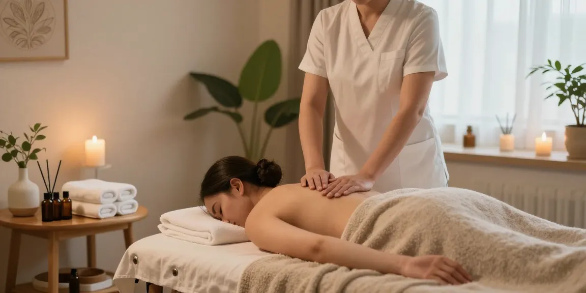 Swedish massage setup with therapist, calming oils, and serene atmosphere.