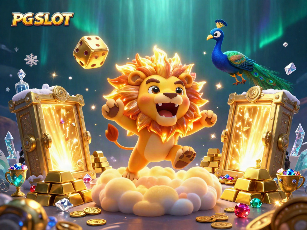 Experience PG SLOT with vibrant 3D art featuring treasures, a roaring lion, and golden dice in a casino setting.