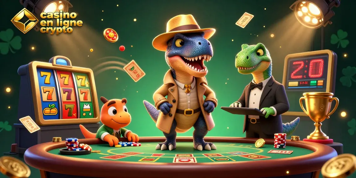 Jouez au casino en ligne crypto avec des personnages de dinosaures dans une scène dynamique de machines à sous.