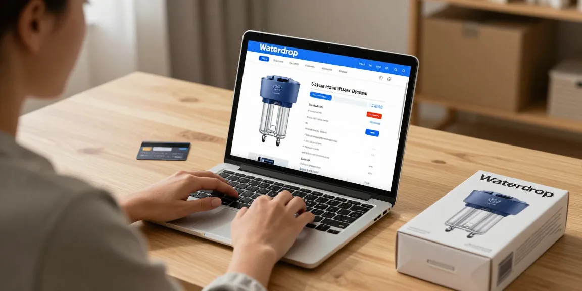 Waterdrop 3-Stage Whole House Water Filter System in a product review setting, showcasing best deals on e-commerce platforms and buyer's guide essentials.