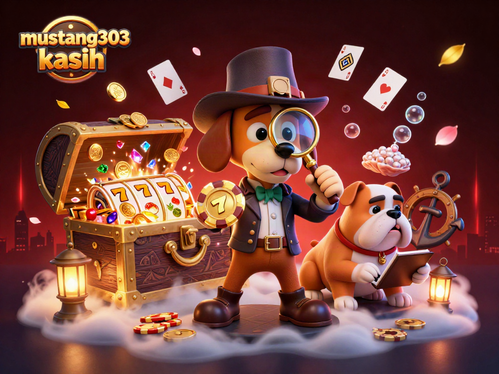 Engage in exciting gambling action with mustang303 kasih featuring a detective and playful bulldog finding treasures.