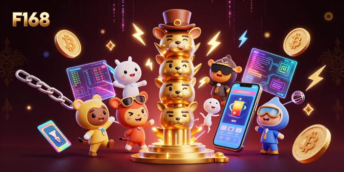 Spin reels and win with F168's vibrant casino scene featuring totem poles and crypto elements