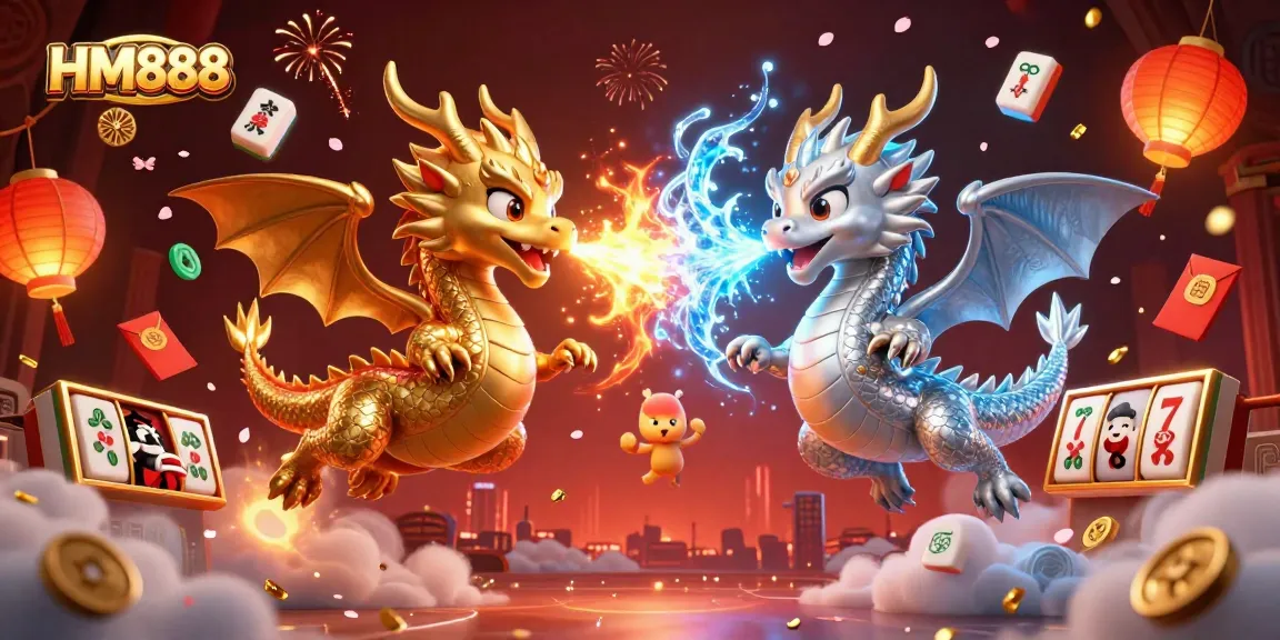 Play exciting games at HM888 with golden dragons and dynamic casino elements creating a vibrant atmosphere.