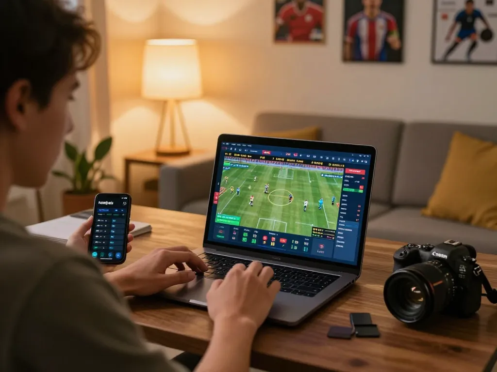 Excited bettor placing live bets on nowgoals platform during sports event.