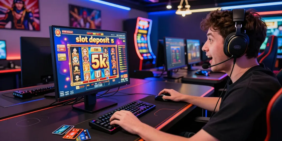 Exciting online gaming setup showcasing slot deposit 5k offers with a player engaged in thrilling slot games.