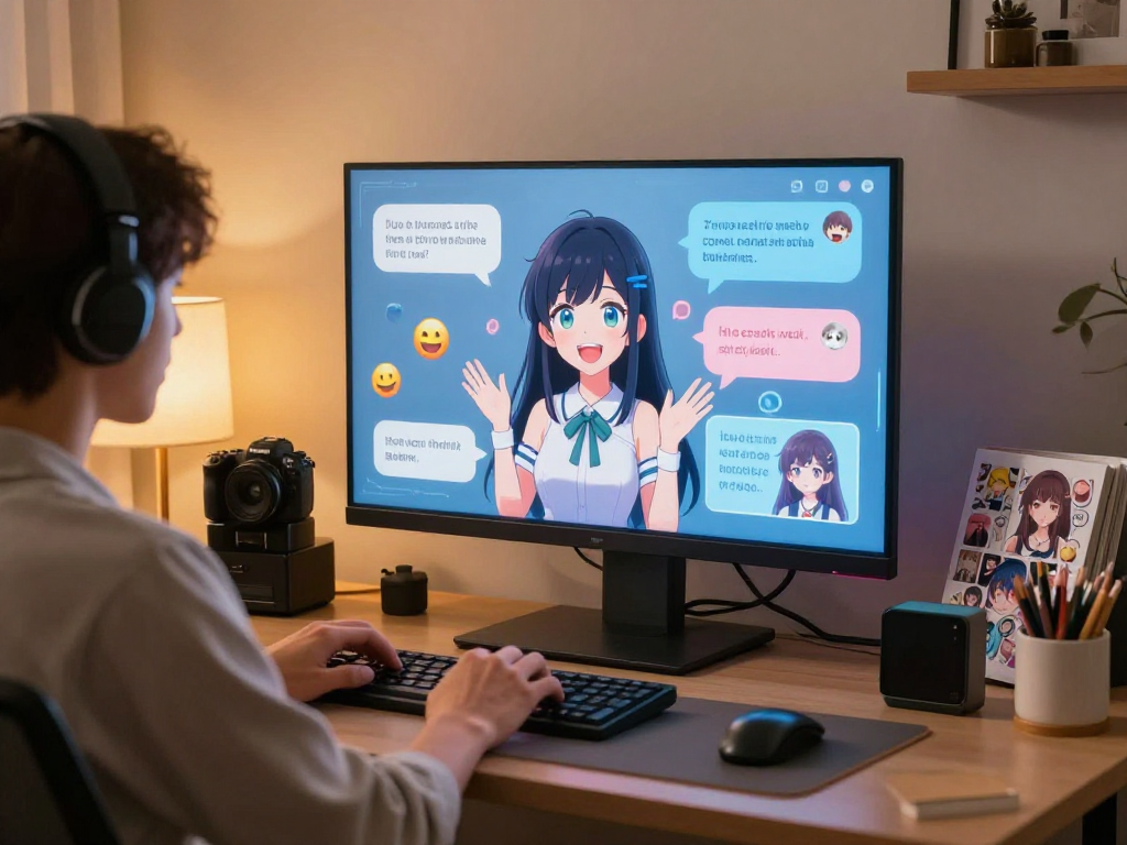 Interactive hentai ai chat with user and holographic AI character in a cozy home office.