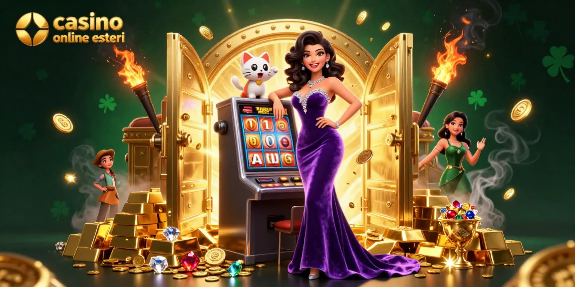 Vivi i jackpot dei casino online esteri con una scena glamour di monete e un gatto della fortuna come mascotte.