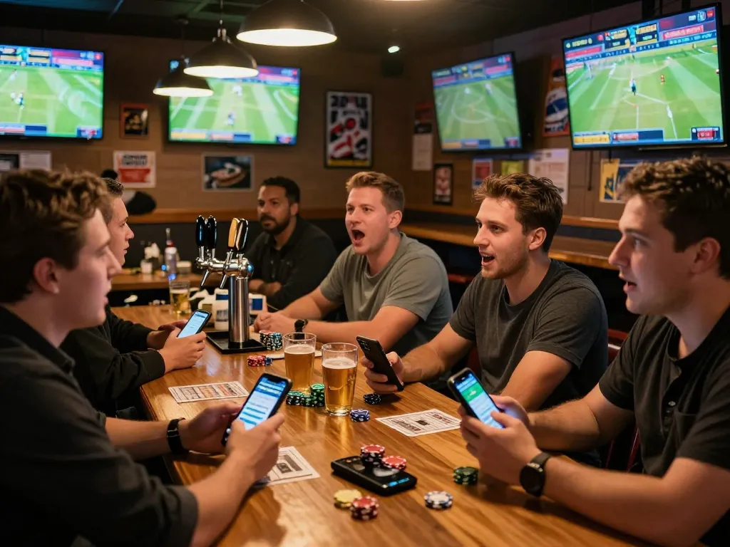 Excited spectators engaging in kèo nhà cái betting action at a lively sports bar, showcasing live game broadcasts.