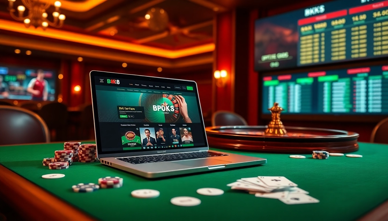 Engaging BK8 เว็บตรง gaming experience with laptop, poker chips, and roulette wheel.